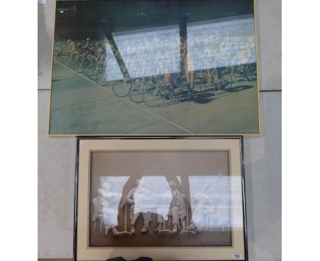 Two large mid century prints titled Naked cycle race 1978 and Reinhard 1976 3D print of musicians 