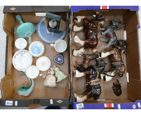 A mixed collection of items to include ceramic shire horses, Beswick damaged foals, Wedgwood Christmas plates , Coalport figu