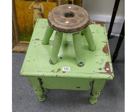 Painted green pine commode with six legged milking stool (2) 