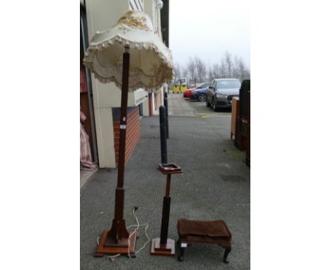 Art deco style standard lamp, wooden standing ash tray and small footstool (3)