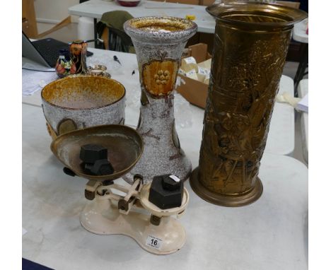 A mixed collection of items to include brass effect stick stand, Italian studio pottery jardiniere, and enameled set of shop 