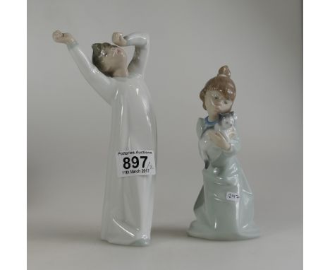 Two Lladro figures of Boy Yawning and Girl with Kitten (2)