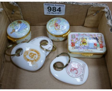 Royal Doulton Bunnykins enamelled trinket boxes made by Crummels and various Bunnykins key rings (6)
