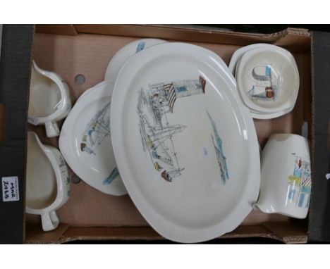 A collection of Mid Winter dinnerware in the Riviera design to include large serving platter, side plates, tureen lids, etc
