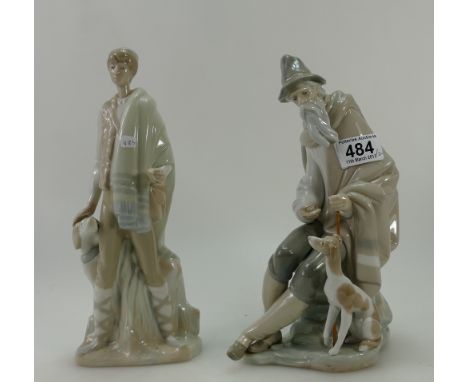 Lladro figure of Shepherd standing with dog at his side height 28cm (missing stick)and Lladro 1094 Beggar figure of a Old man