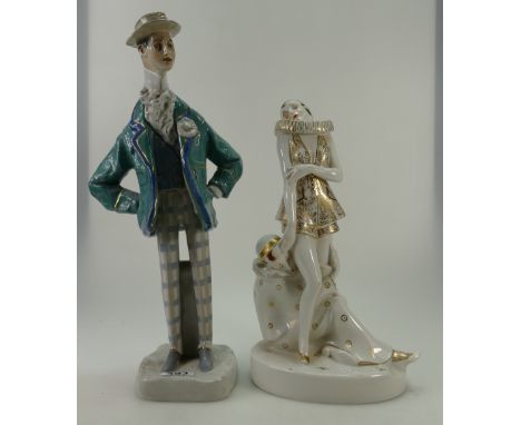 Large Amphora Pottery figure of stylized gentleman (45cm) and large continental pottery lamp base in the form of clowns(2), h
