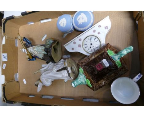 A mixed collection of items to include earthen ware Chinese figures, Wedgwood jasperware trinket boxes, Aynsley ceramic mantl
