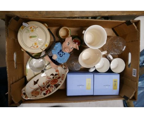 A mixed collection of items to include boxed Wedgwood millennium jug, cut glass crystal lightshades, art glass paperweights, 