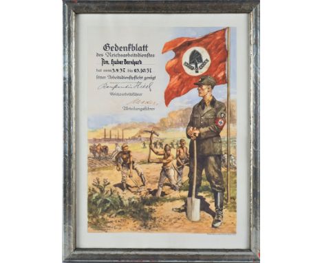 Drittes Reich: Gedenkblatt Reichsarbeitsdienst, 1937großes Gedenkblatt des RAD, farbig illustrierte Lithographie, oben links 