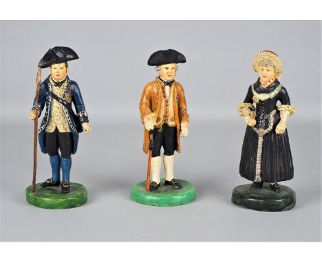 3 Rommel Figuren im Biedermeier Stil, Museumsedition, 20. Jh.Drei Handbemalte Gipsfiguren, Kopien aus dem Ulmer Museum. Ein M