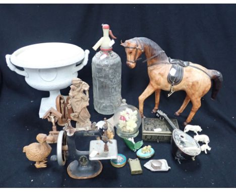 A CARVED HORSE AND OTHER CARVED MODELS including a Dodo, a miniature sewing machine, decorative domes, pill boxes and a ceram