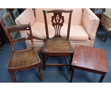 A GEORGE III COUNTRY CHIPPENDALE DINING CHAIR WITH PIERCED SPLAT a Victorian side chair with curved seat and a low mahogany t