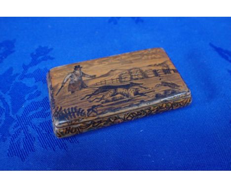 A 19TH CENTURY PENWORK SNUFFBOX SHOWING A HARE HUNTING SCENE worn edges, loss to the hunter's coat, 8cm wide 
