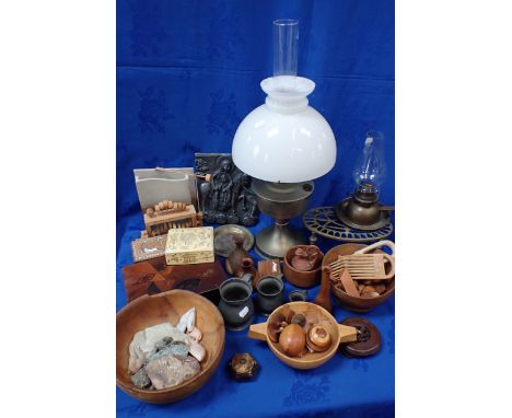 AN OIL LAMP, PEWTER MEASURES STAMPED 'JOHN CLEAT' a Japanese box, and sundries