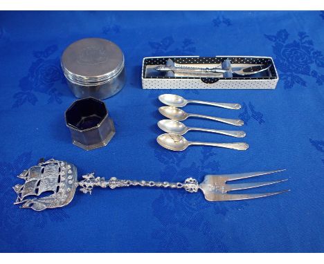 A VICTORIAN SILVER COVERED POT (dented) with a continental silver fork, four silver teaspoons, a salt pot and a silver handle
