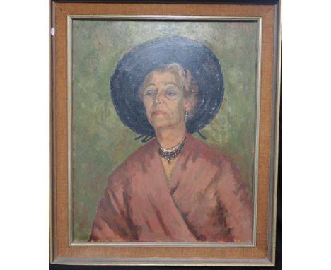 HUGH CAMPBELL: 'THE BLACK HAT, A PORTRAIT OF LADY BURT' oil on canvas, painted by Campbell in 1973 and shown at a Sotheby cha