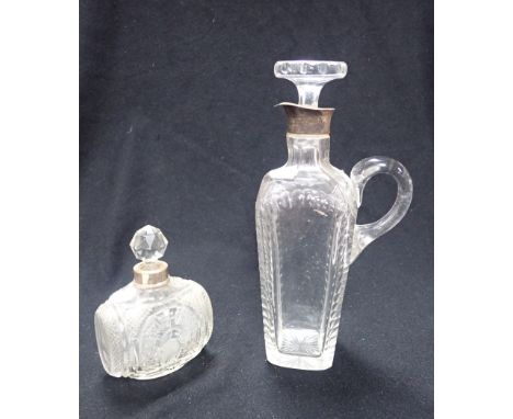 SILVER MOUNTED CUT GLASS GIN FLASK with a cut glass and silver mounted barrel flask