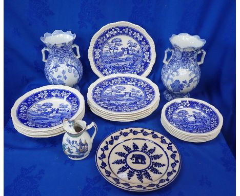 A SPODE BLUE TOWER PART DINNER SERVICE with a pair of oriental-style blue and white vases and other ceramics