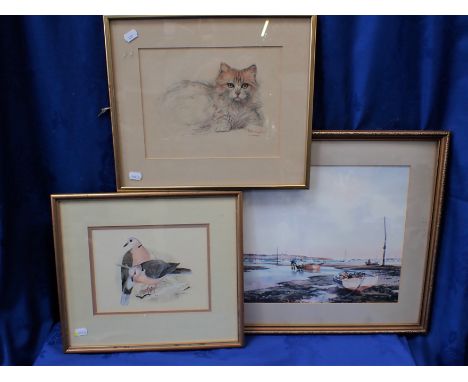 PRISCILLA HENLEY: A PAIR OF DOVES, WATERCOLOUR dated '87, a print after Brian Hayes, of Poole Harbour, and a print of a cat (