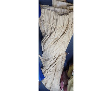 A PAIR OF COTTON STRIPED CURTAINS lined and interlined with braided edging and buckram headings, approx 340cm long by 190cm w