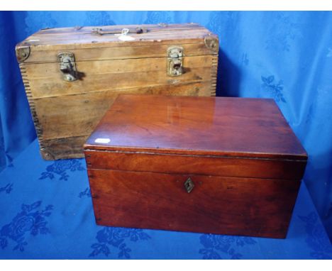 A WOODEN AMMUNITION BOX with metal fittings 46cm wide, and a mahogany box (2)