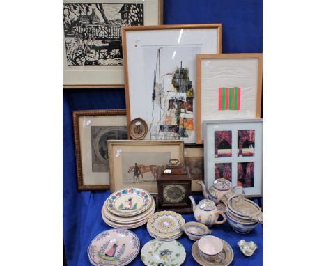 A COLLECTION OF QUIMPER POTTERY and similar, some with damage, a George II style walnut mantel clock, a modern linocut and ot