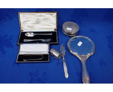 A BOXED SILVER FORK AND SPOON with a Victorian silver fish knife with mother of pearl handle, a silver hand mirror, a silver 