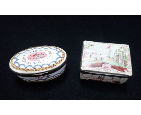 AN 18th CENTURY ENAMEL SNUFF BOX with Chinoiserie decoration and a later oval one with floral and swag decoration