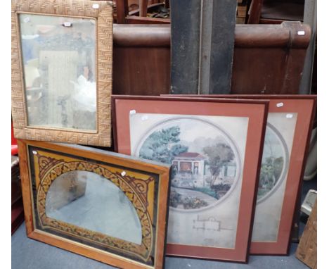 AN ART NOUVEAU STYLE MIRROR 79 cms wide, with another mirror and two architectural prints