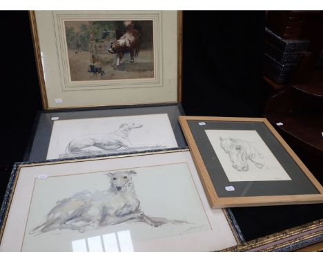 ALFRED WILLIAM STRUTT (1856-1924), THE STRANGER watercolour, framed size 53 x 43cms, with two other dog studies and a portrai