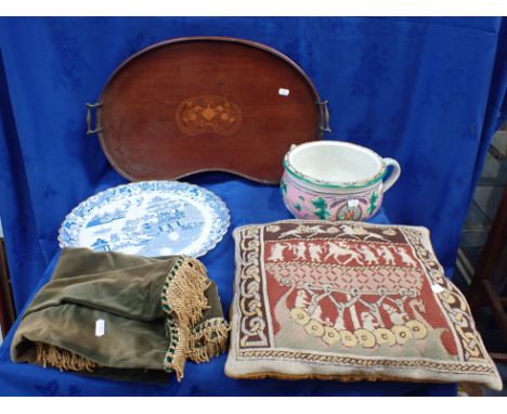 A MAHOGANY KIDNEY-SHAPED TRAY, WITH MARQUETRY CENTRE a ceramic chamber pot and other items