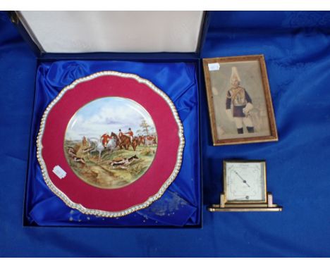 A SPODE PLATE: HUNTING SCENE, 'THE FIND' AFTER J. F. HERRING (boxed), an Art deco desk barometer, and a tinted cabinet photog