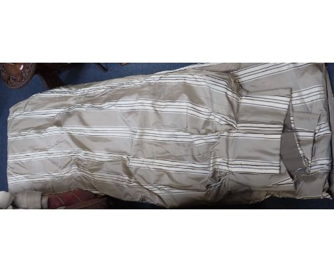 STRIPED SILKY CURTAINS (4) lined and interlined with buckram heading, approx 340cm long by 190cm wide each curtain and pelmet