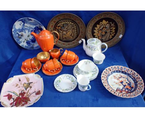 A CROWN DEVON ORANGE AND GILT COFFEE SET, A FEW PIECES OF SHELLEY 'Harebell' (teapot and basin a/f), two Denby Egyptian limit