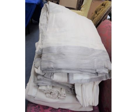 LIGHT COLOURED CURTAINS WITH GREY BORDER six curtains approx 190cms wide by 340cms long, lined and interlined with buckram he