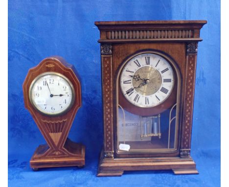 A EDWARDIAN MAHOGANY INLAID MANTEL CLOCK (cracked dial) with French movement, with another (battery powered) clock