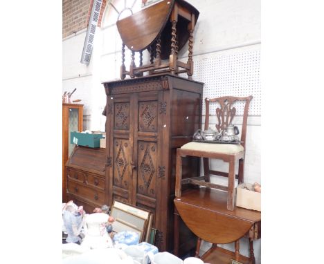 A 1920s 'JACOBETHAN' STYLE BUREAU a similar wardrobe, a barley-twist gateleg table, a (damaged) Pembroke table, country Chipp