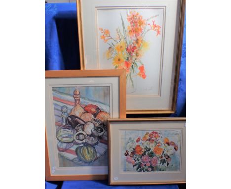 CELIA K. RUSSELL, FLOWERS, WATTERCOLOUR; LESLEY FULLER: 'TAKE TWO ONIONS...' pen and wash, and David Easton: 'Spray Chrysanth