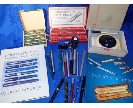 A MONT BLANC GLASS INKWELL, VARIOUS FOUNTAIN PENS a vintage Esterbrook desk pen, boxed POM pens (nibs), other related items a