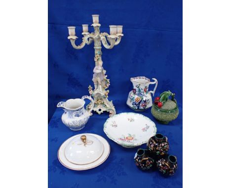 A SPODE MUFFINIERE WITH GILT PEAR KNOP a Dresden candelabra (restored) a Victorian four-sphere vase and other items