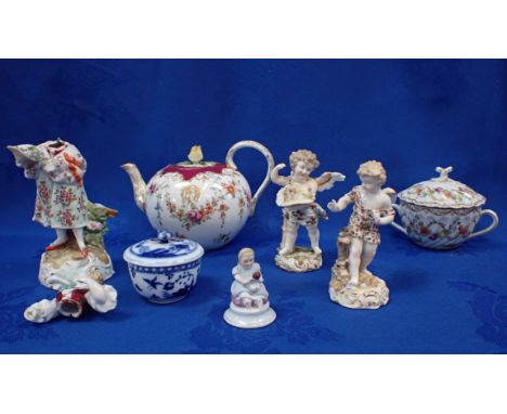 A DRESDEN TEAPOT, A PAIR OF FIGURINES and similar items (some damage)