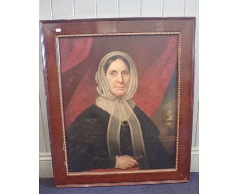 A 19TH CENTURY PORTRAIT OF A LADY, HOLDING SPECTACLES 'Mrs Richardson...', oil on canvas 64 x 78cm plus frame (old handwritte