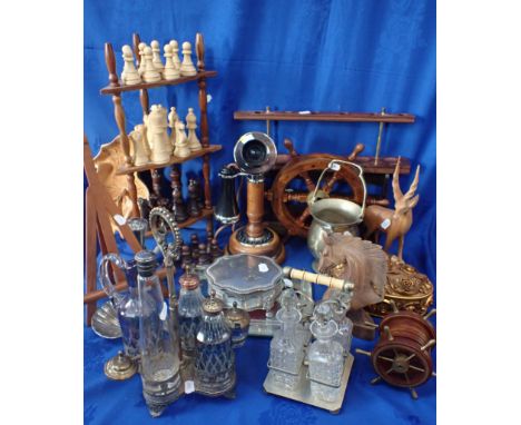 A RETRO STYLE 'CANDLESTICK' TELEPHONE bottle cruets, chess set, pipe rack and sundries