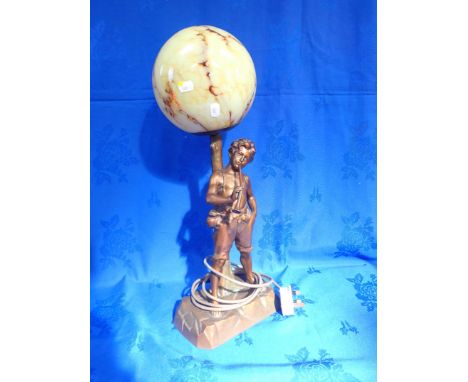 A SPELTER FIGURAL LAMP WITH A GLASS GLOBE SHADE 53cm high including shade