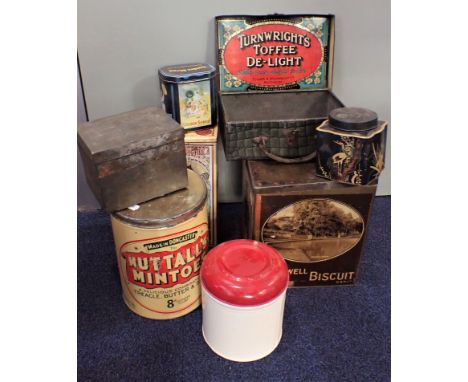 A COLLECTION OF VINTAGE TINS including a 'Turnwright's Toffee De-light' suitcase shaped tin, and others