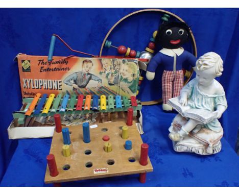 A VINTAGE 'CODEG' TOY XYLOPHONE, A CLOTH GOLLY other toys, and a plaster nursery figure