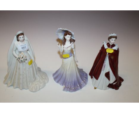 TWO ROYAL WORCESTER QUEEN ELIZABETH FIGURES TOGETHER WITH A COALPORT LADY