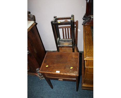 AN OAK SEWING BOX, STICK STAND AND CHAIR (3)