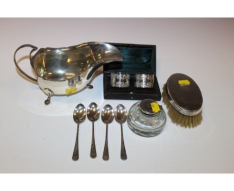 A HALLMARKED SILVER BRUSH WHITE METAL INKWELL ETC