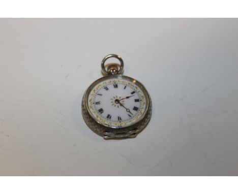 A SILVER OPEN FACED MANUAL WIND FOB WATCH WITH GOLD INLAID ENAMEL DIAL